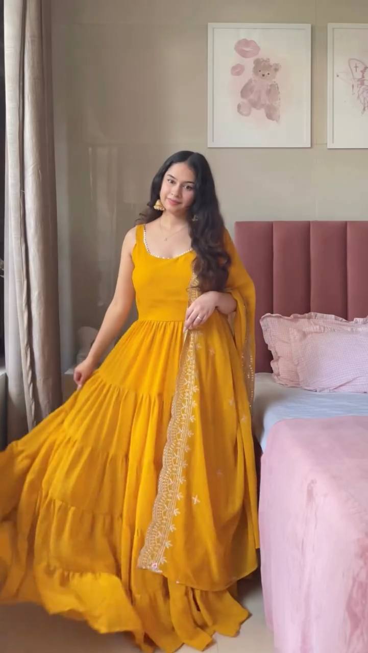Yellow Designer Faux Georgette Anarkali Suit with Full Flair & Lace Border Dupatta –Stitched