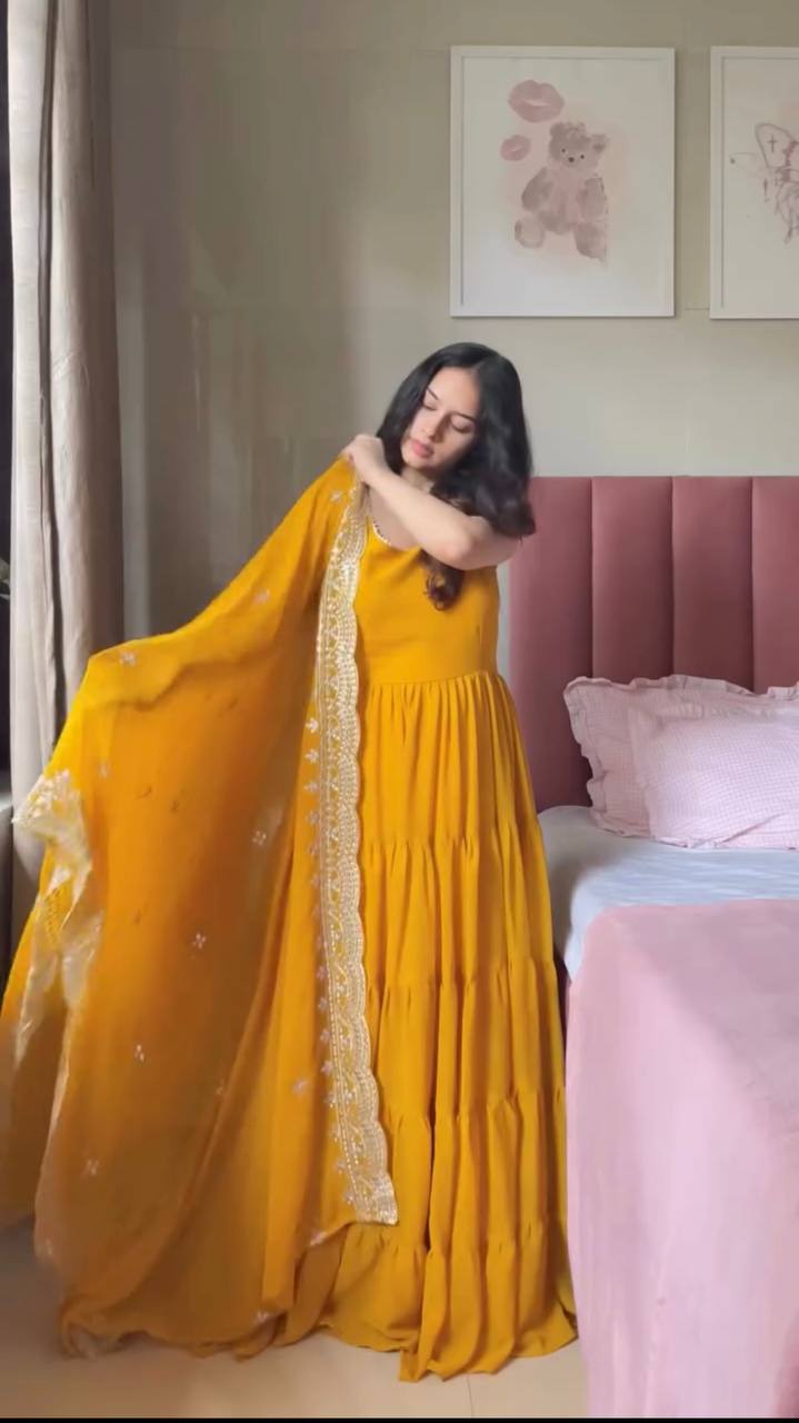 Yellow Designer Faux Georgette Anarkali Suit with Full Flair & Lace Border Dupatta –Stitched