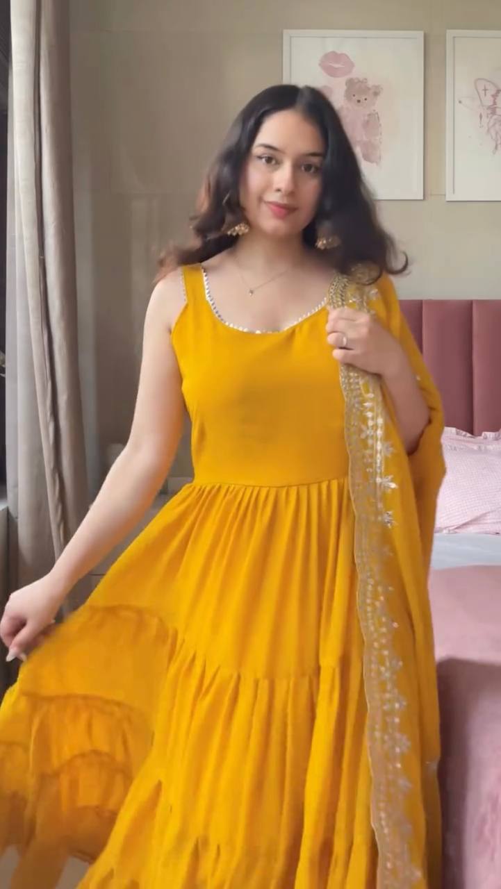 Yellow Designer Faux Georgette Anarkali Suit with Full Flair & Lace Border Dupatta –Stitched