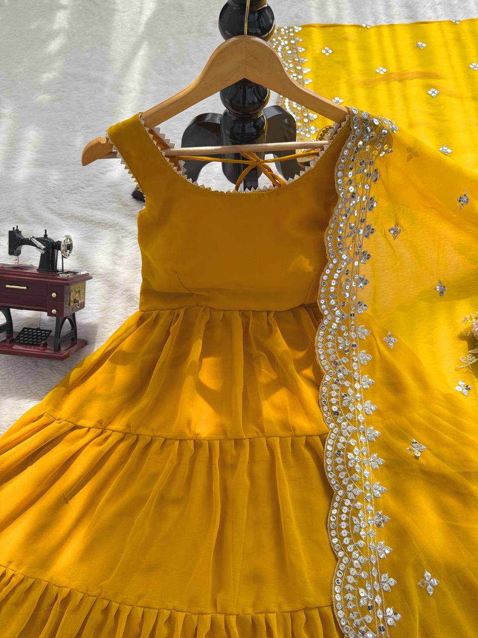 Yellow Designer Faux Georgette Anarkali Suit with Full Flair & Lace Border Dupatta –Stitched