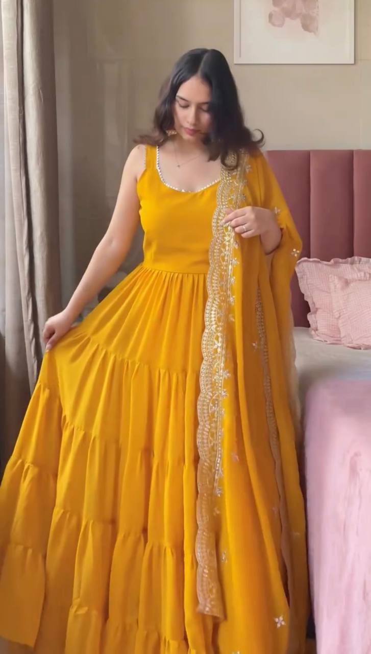 Yellow Designer Faux Georgette Anarkali Suit with Full Flair & Lace Border Dupatta –Stitched