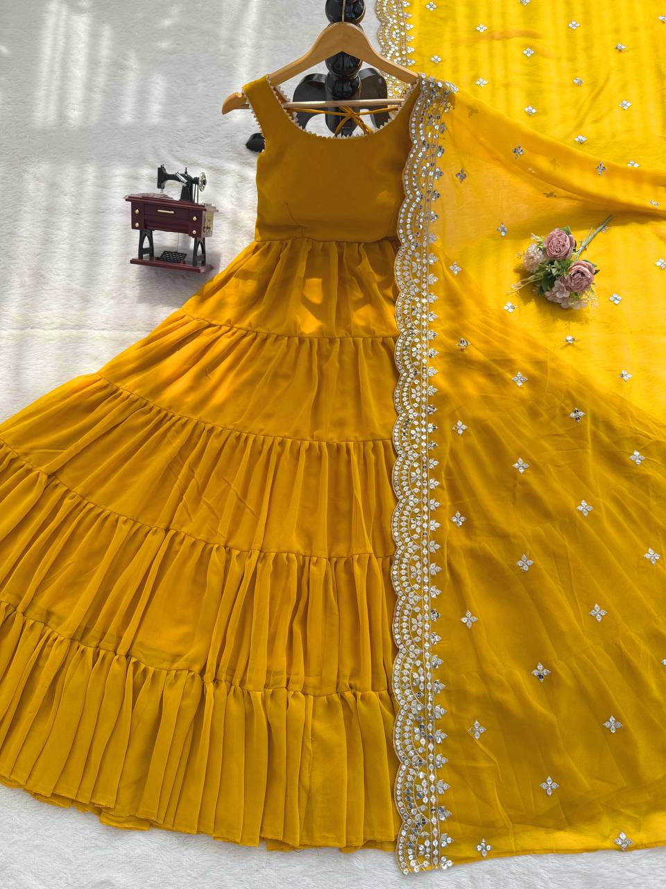 Yellow Designer Faux Georgette Anarkali Suit with Full Flair & Lace Border Dupatta –Stitched