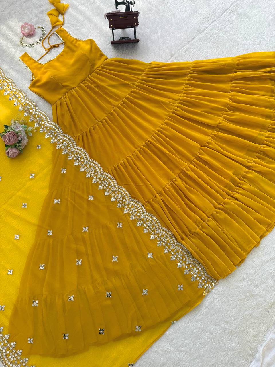 Yellow Designer Faux Georgette Anarkali Suit with Full Flair & Lace Border Dupatta –Stitched