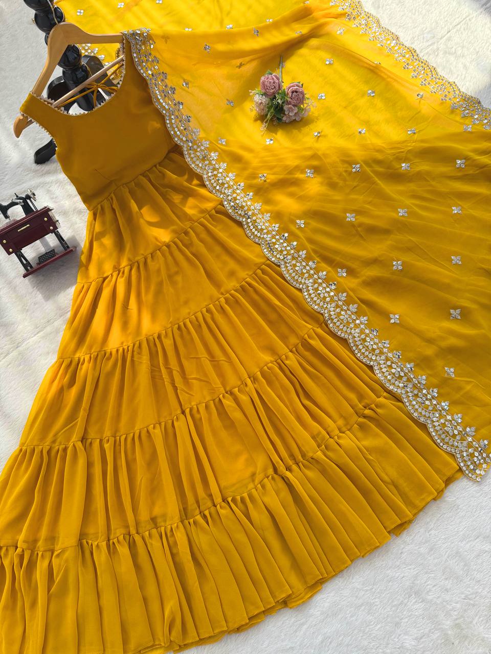 Yellow Designer Faux Georgette Anarkali Suit with Full Flair & Lace Border Dupatta –Stitched