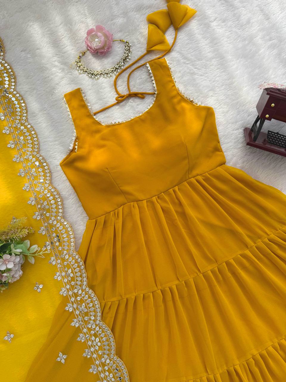 Yellow Designer Faux Georgette Anarkali Suit with Full Flair & Lace Border Dupatta –Stitched