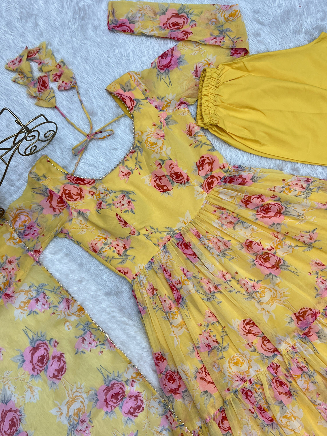 Yellow Designer Floral Print Anarkali Set with Dupatta & Pant Ready-to-Wear Festive & Wedding Outfit