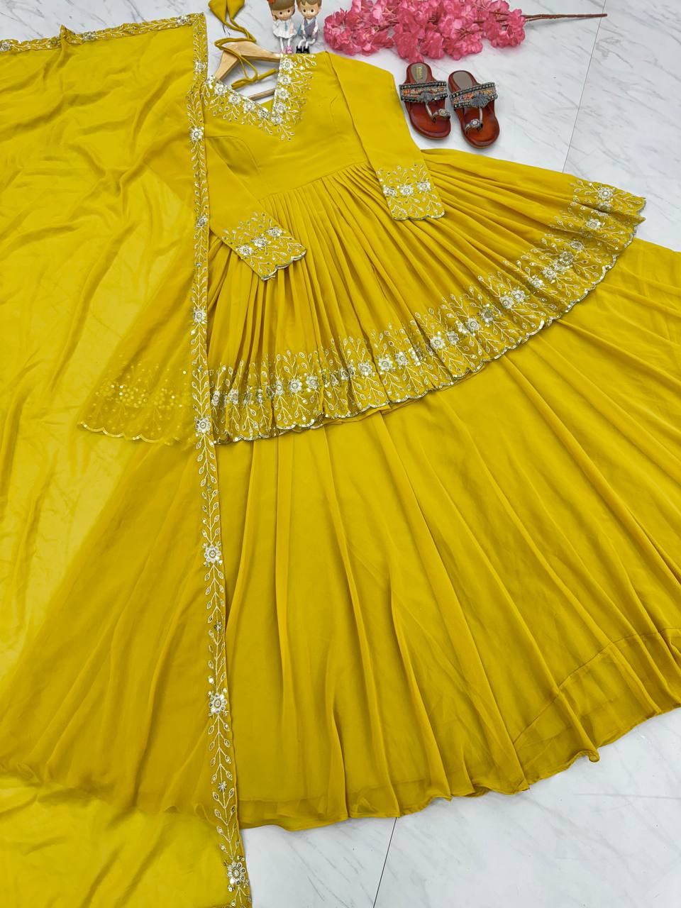 Yellow Designer Party Wear Top with Lehenga & Dupatta Set - Sequin Embroidery and Tassel Accents
