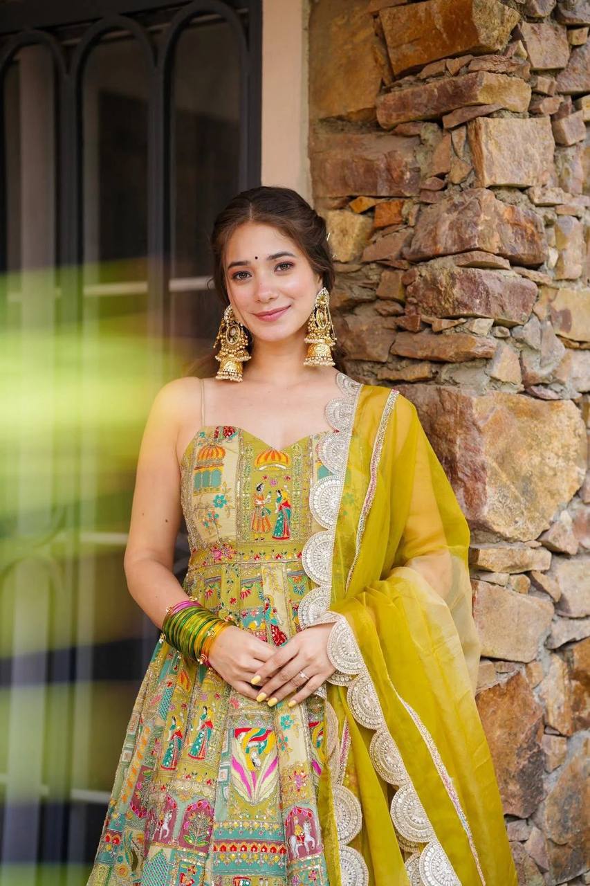 Yellow Designer Pure Jimmy Organza Silk Anarkali Gown with Georgette Dupatta