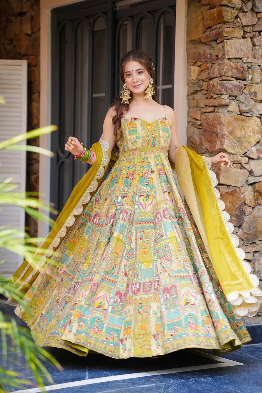 Yellow Designer Pure Jimmy Organza Silk Anarkali Gown with Georgette Dupatta