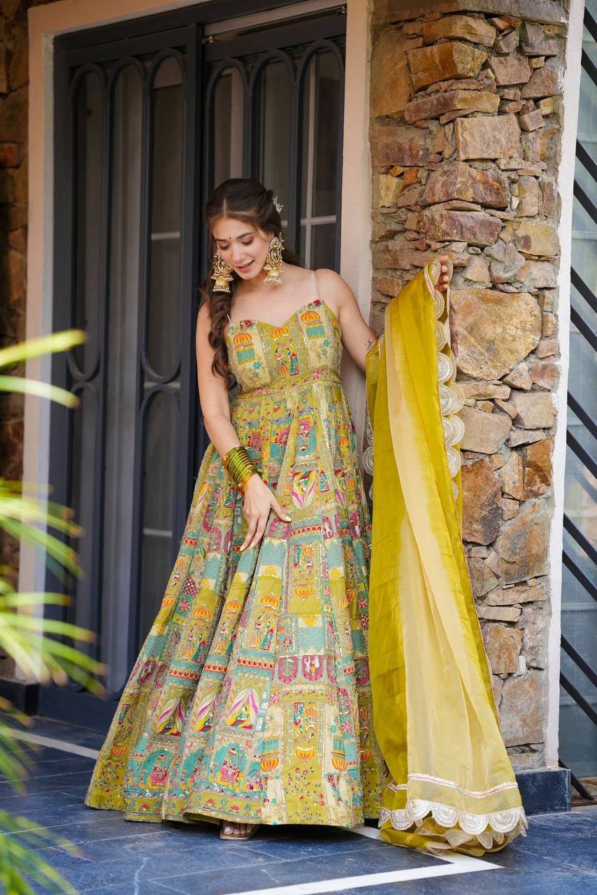 Yellow Designer Pure Jimmy Organza Silk Anarkali Gown with Georgette Dupatta