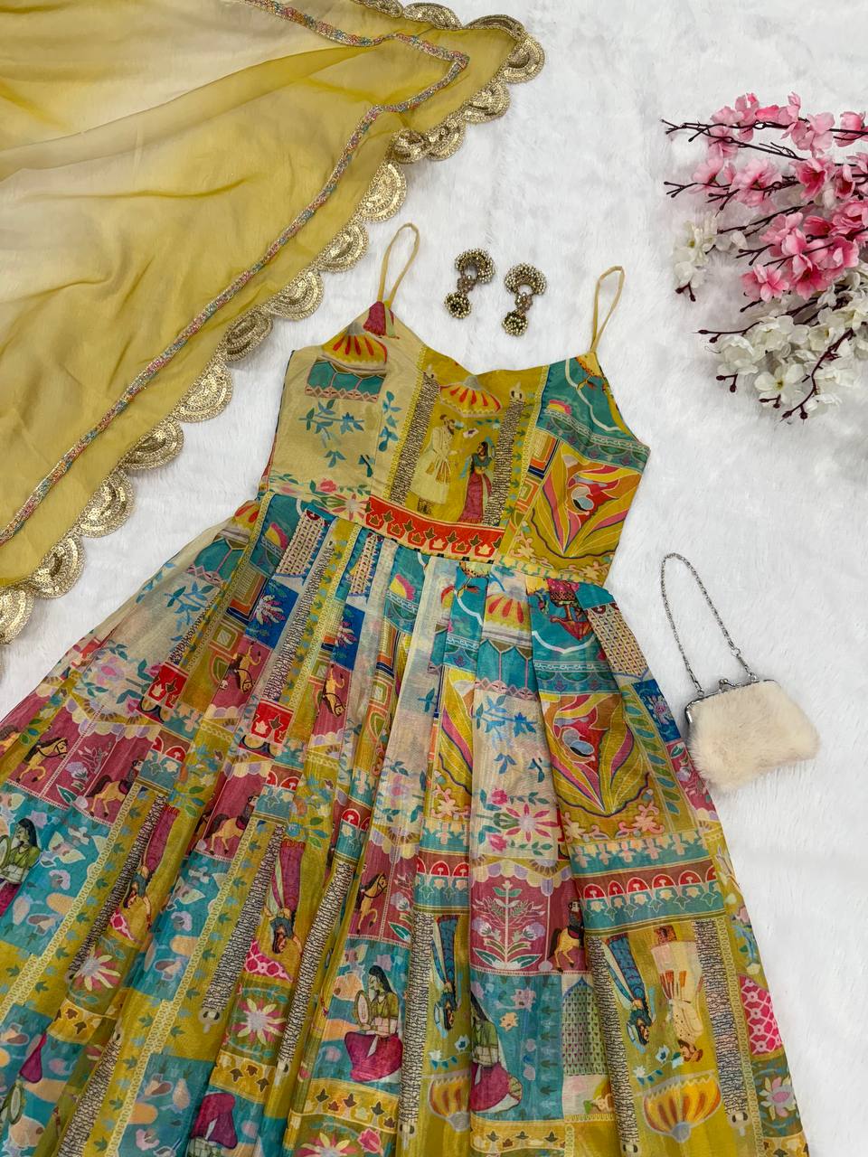 Yellow Designer Pure Jimmy Organza Silk Anarkali Gown with Georgette Dupatta