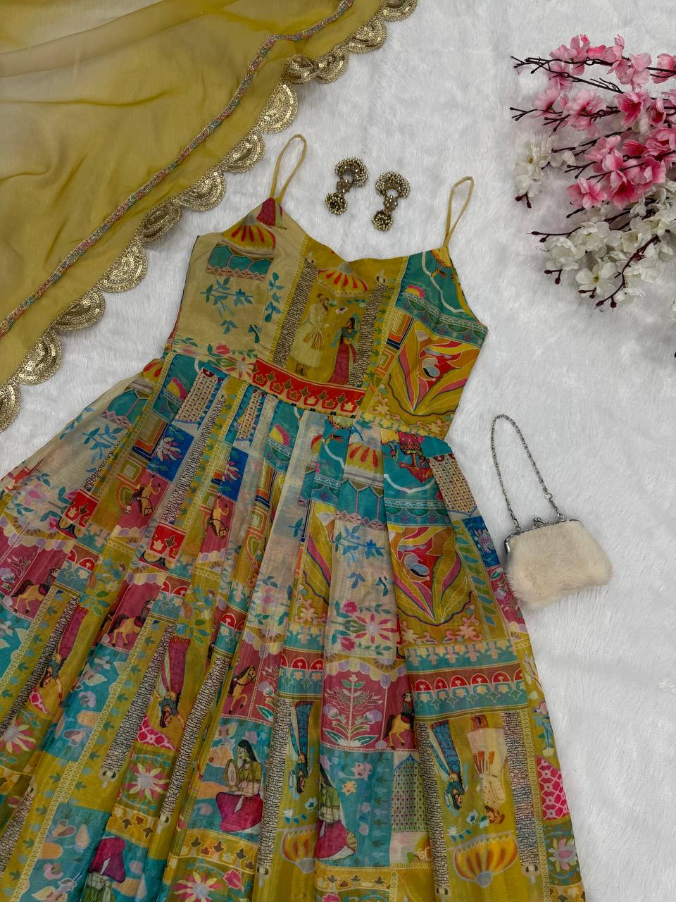 Yellow Designer Pure Jimmy Organza Silk Anarkali Gown with Georgette Dupatta