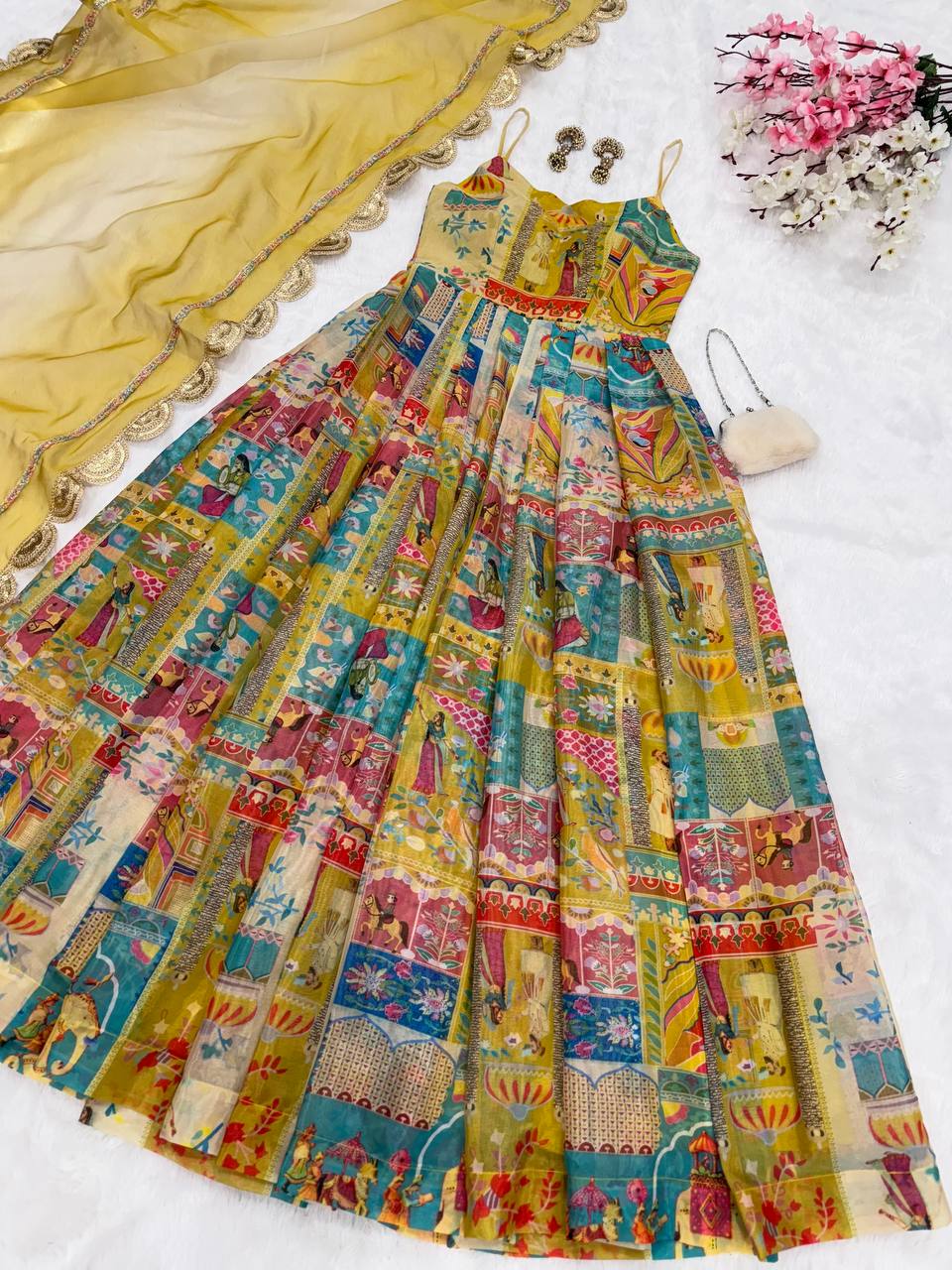 Yellow Designer Pure Jimmy Organza Silk Anarkali Gown with Georgette Dupatta
