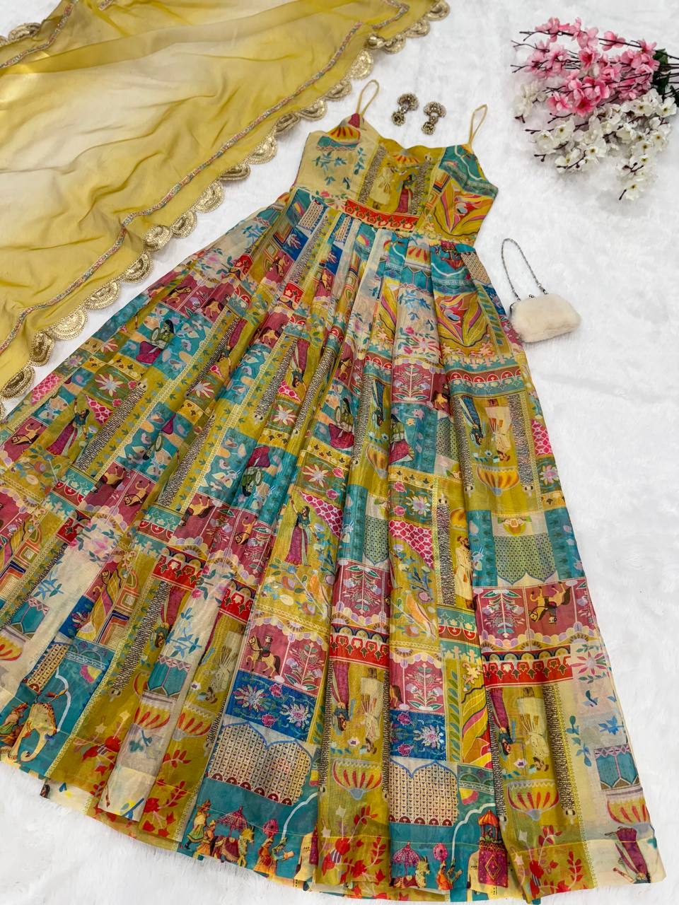 Yellow Designer Pure Jimmy Organza Silk Anarkali Gown with Georgette Dupatta