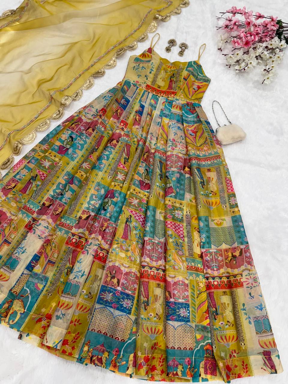 Yellow Designer Pure Jimmy Organza Silk Anarkali Gown with Georgette Dupatta