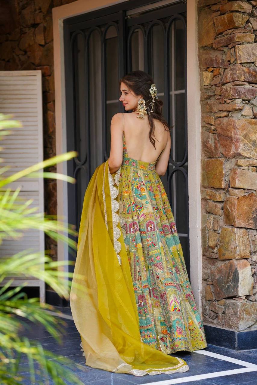 Yellow Designer Pure Jimmy Organza Silk Anarkali Gown with Georgette Dupatta