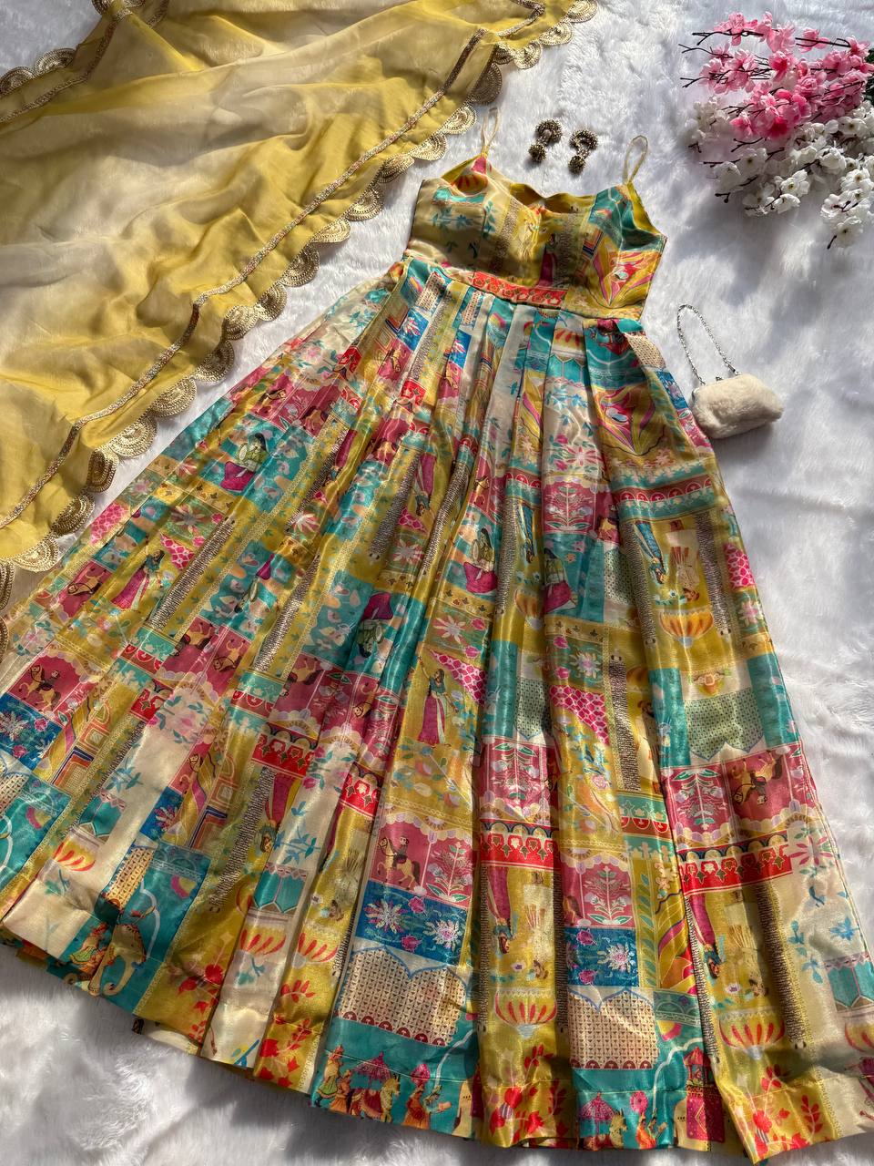 Yellow Designer Pure Jimmy Organza Silk Anarkali Gown with Georgette Dupatta