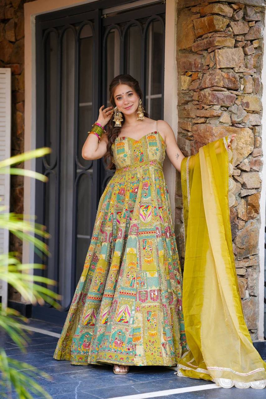 Yellow Designer Pure Jimmy Organza Silk Anarkali Gown with Georgette Dupatta