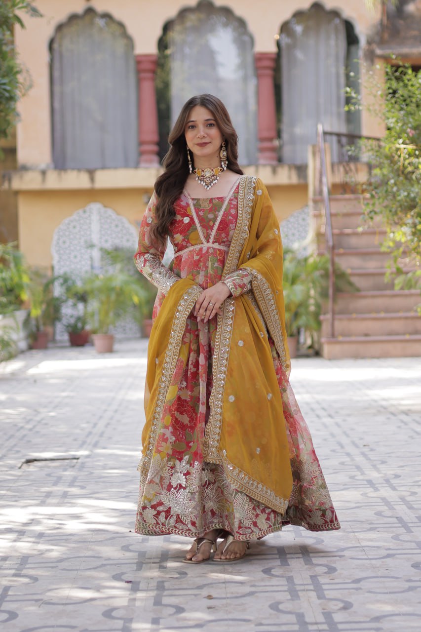 Yellow Designer Russian Silk Foil Embroidered Top with Sequined Dupatta Elegant Ethnic Ensemble