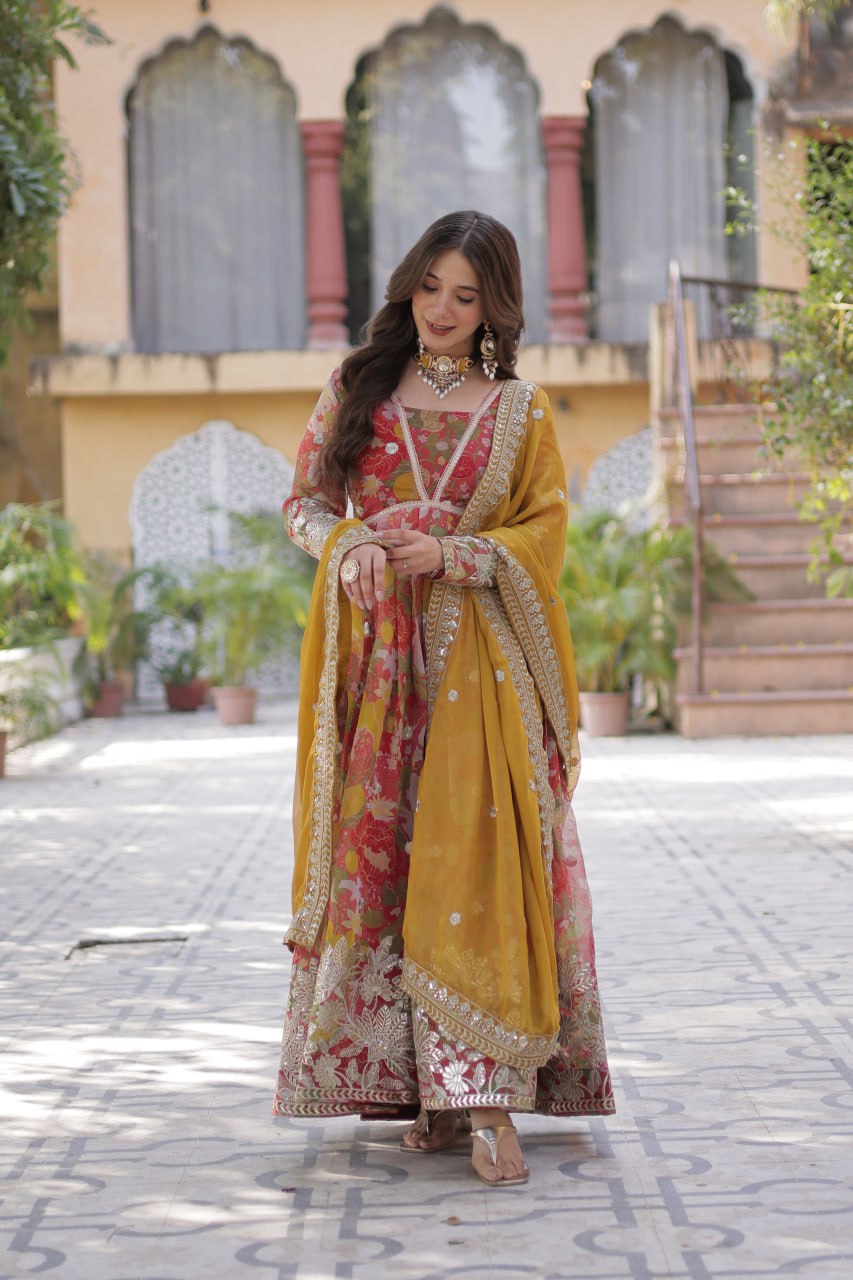 Yellow Designer Russian Silk Foil Embroidered Top with Sequined Dupatta Elegant Ethnic Ensemble