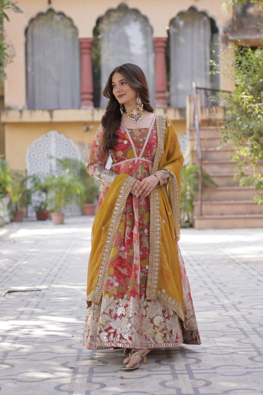 Yellow Designer Russian Silk Foil Embroidered Top with Sequined Dupatta Elegant Ethnic Ensemble