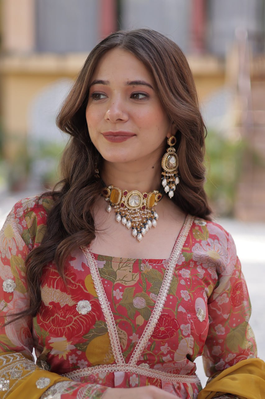 Yellow Designer Russian Silk Foil Embroidered Top with Sequined Dupatta Elegant Ethnic Ensemble