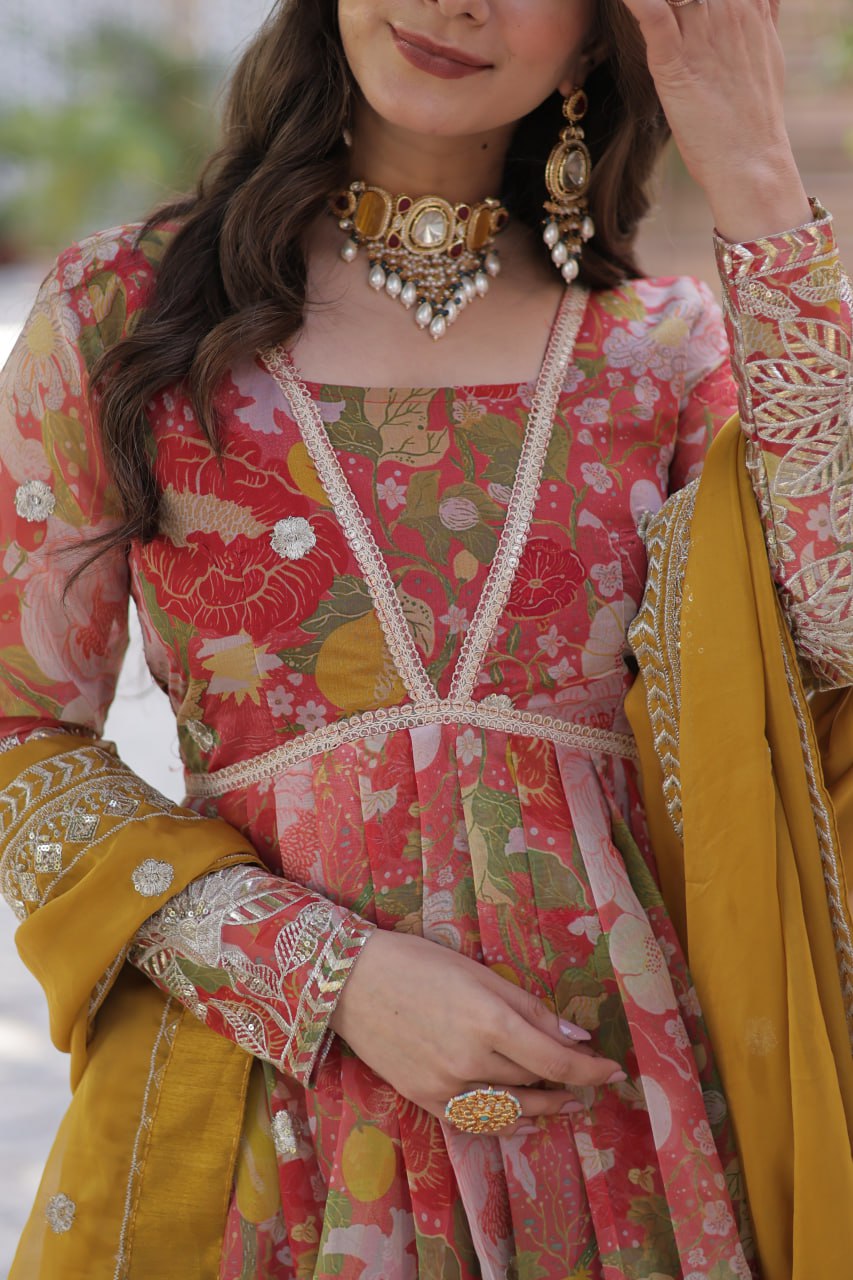 Yellow Designer Russian Silk Foil Embroidered Top with Sequined Dupatta Elegant Ethnic Ensemble