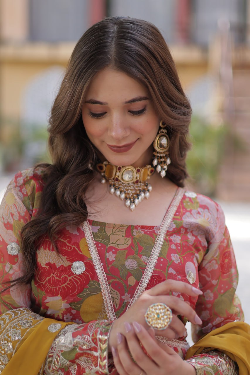 Yellow Designer Russian Silk Foil Embroidered Top with Sequined Dupatta Elegant Ethnic Ensemble