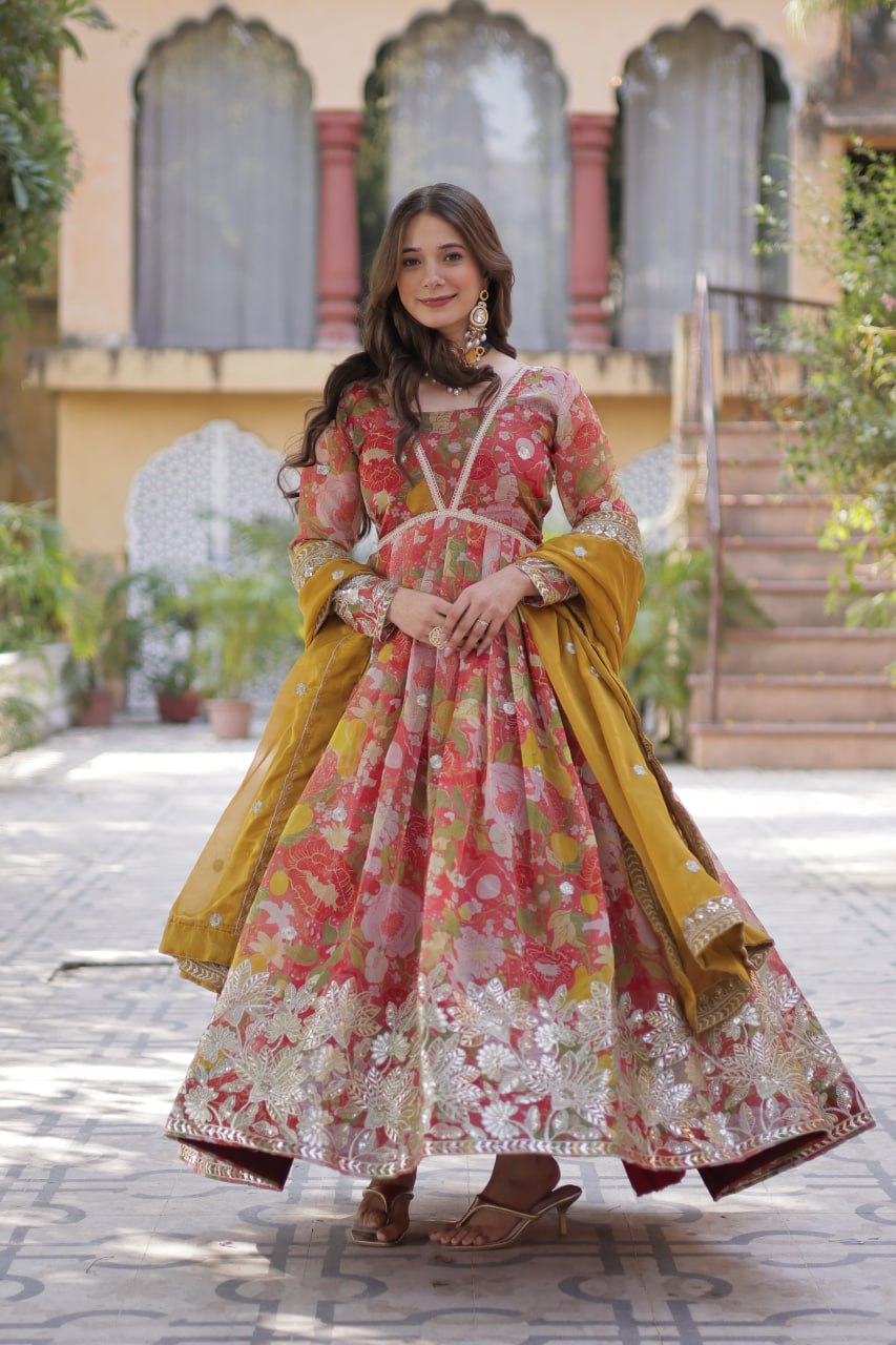 Yellow Designer Russian Silk Foil Embroidered Top with Sequined Dupatta Elegant Ethnic Ensemble
