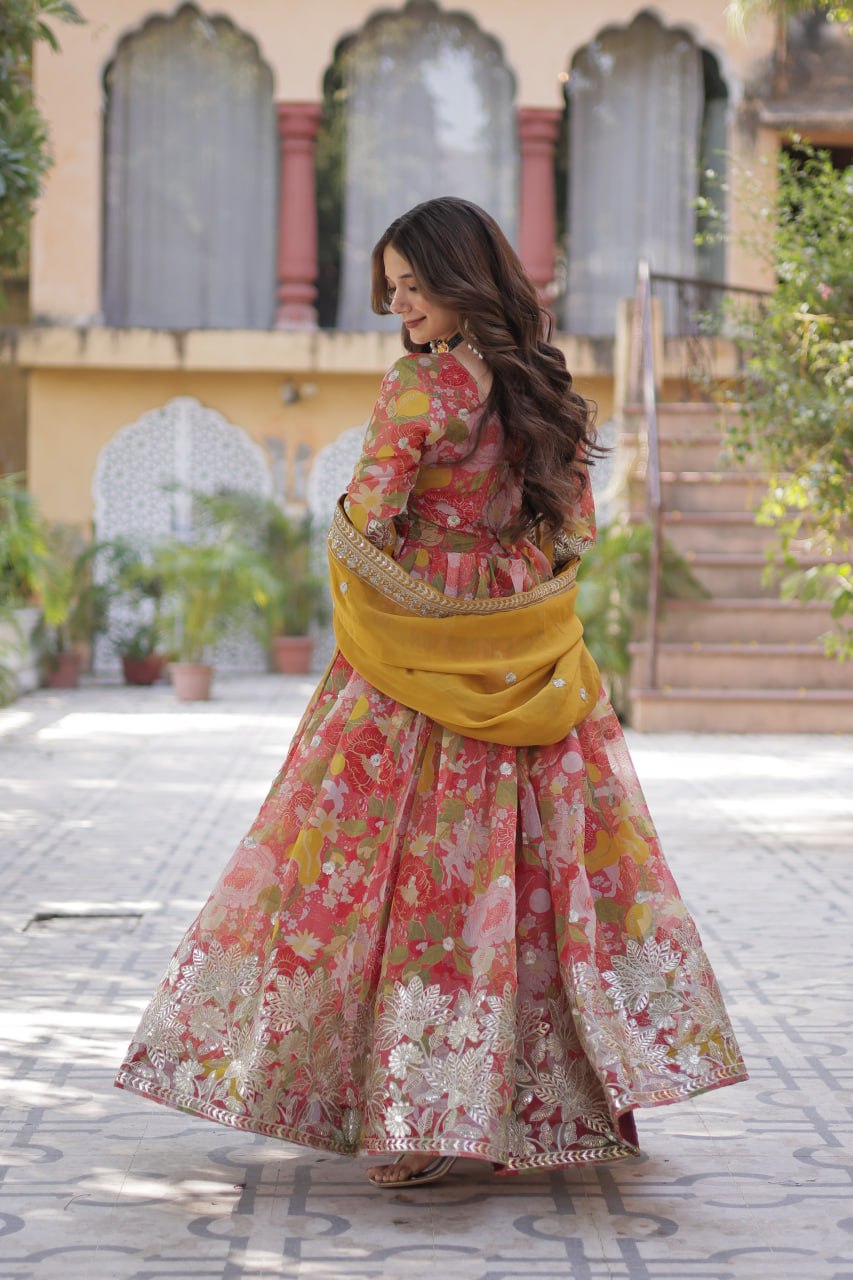 Yellow Designer Russian Silk Foil Embroidered Top with Sequined Dupatta Elegant Ethnic Ensemble