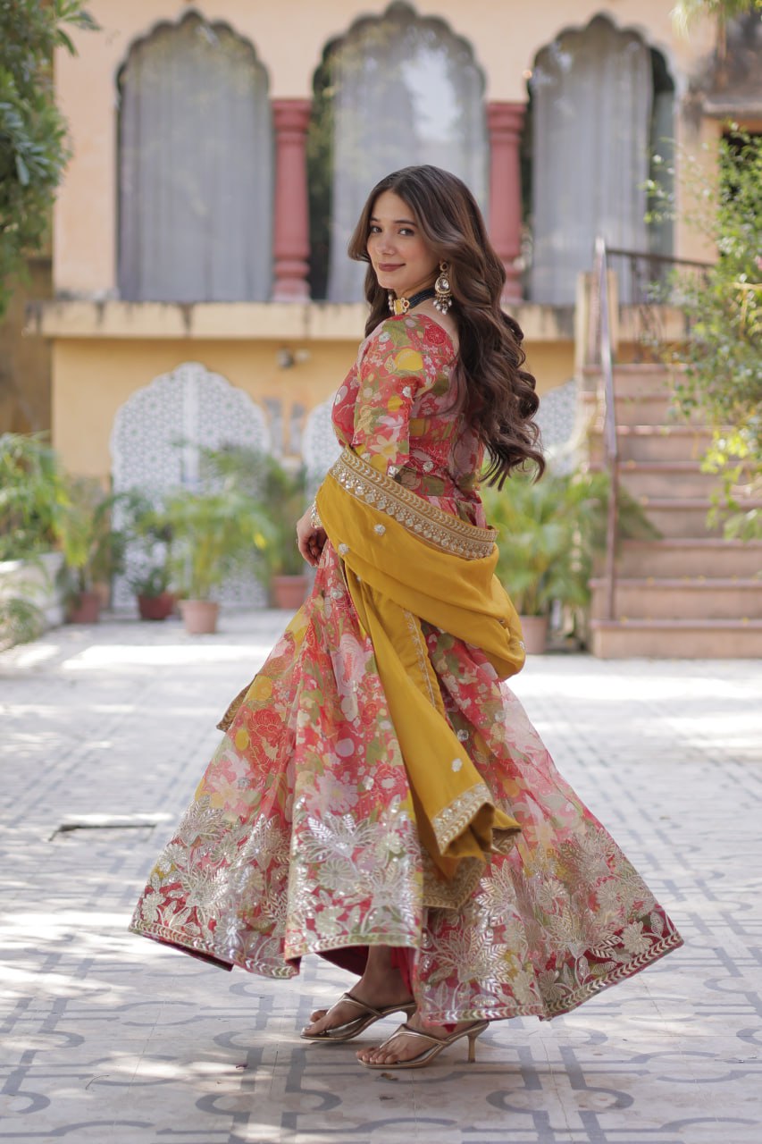 Yellow Designer Russian Silk Foil Embroidered Top with Sequined Dupatta Elegant Ethnic Ensemble