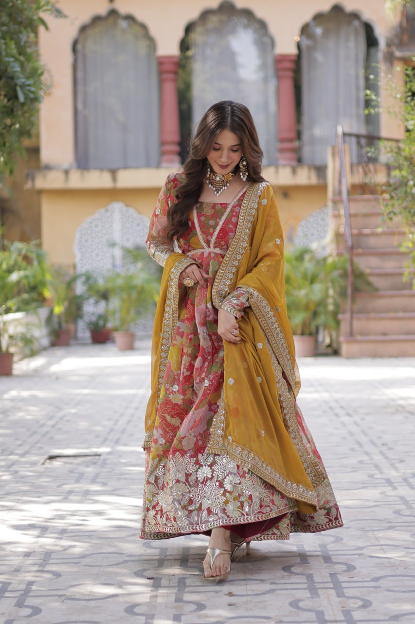 Yellow Designer Russian Silk Foil Embroidered Top with Sequined Dupatta Elegant Ethnic Ensemble