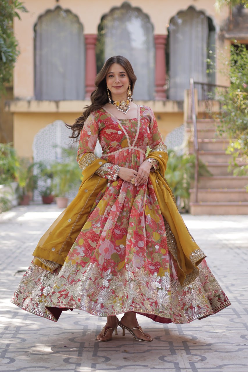 Yellow Designer Russian Silk Foil Embroidered Top with Sequined Dupatta Elegant Ethnic Ensemble