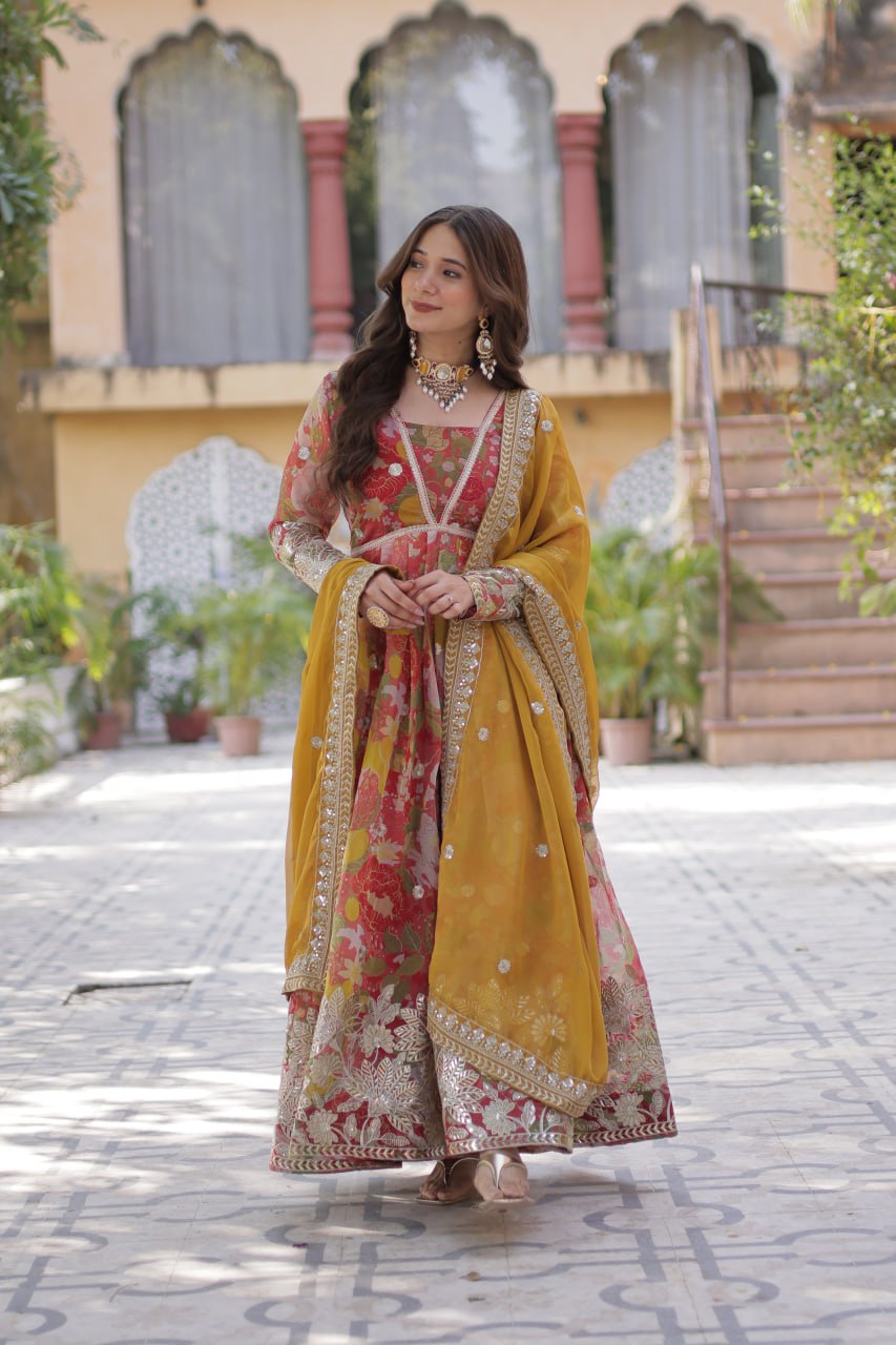 Yellow Designer Russian Silk Foil Embroidered Top with Sequined Dupatta Elegant Ethnic Ensemble
