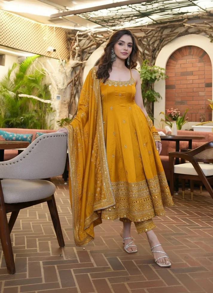 Yellow Designer Vichitra Silk Gown Set with Zari-Coding, Sequin Embroidery & Dori Latkan – Premium 3-Piece Stitched Ensemble