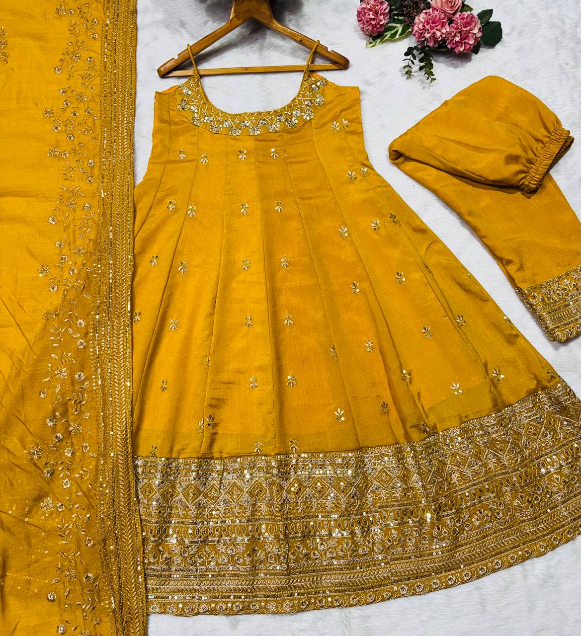 Yellow Designer Vichitra Silk Gown Set with Zari-Coding, Sequin Embroidery & Dori Latkan – Premium 3-Piece Stitched Ensemble