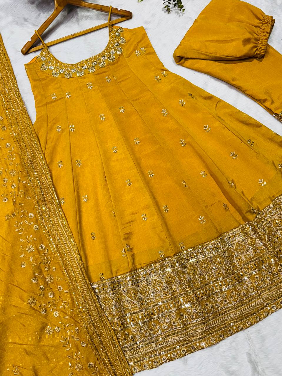 Yellow Designer Vichitra Silk Gown Set with Zari-Coding, Sequin Embroidery & Dori Latkan – Premium 3-Piece Stitched Ensemble