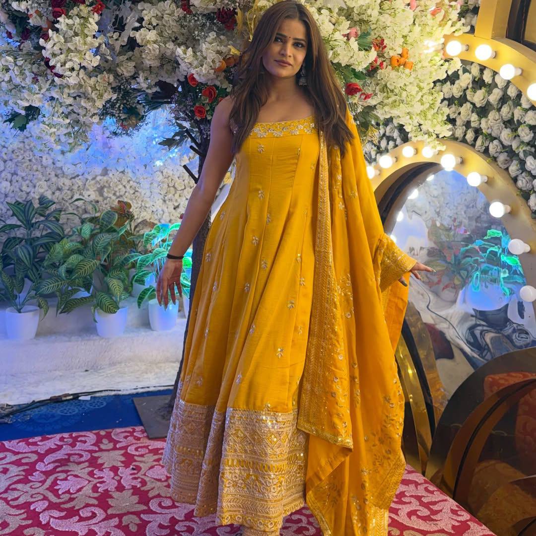 Yellow Designer Vichitra Silk Gown Set with Zari-Coding, Sequin Embroidery & Dori Latkan – Premium 3-Piece Stitched Ensemble