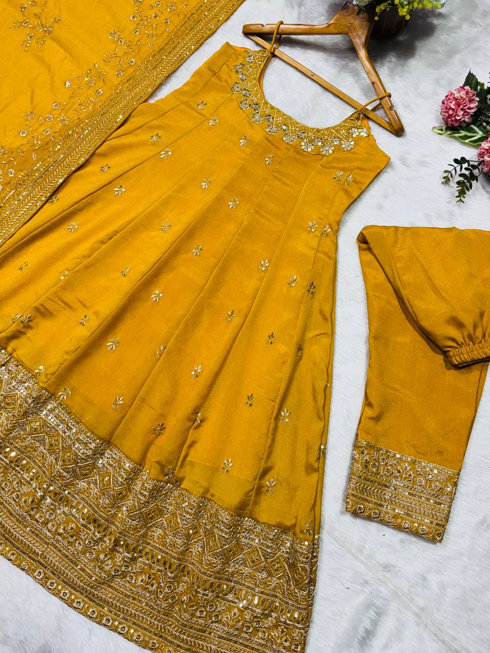 Yellow Designer Vichitra Silk Gown Set with Zari-Coding, Sequin Embroidery & Dori Latkan – Premium 3-Piece Stitched Ensemble