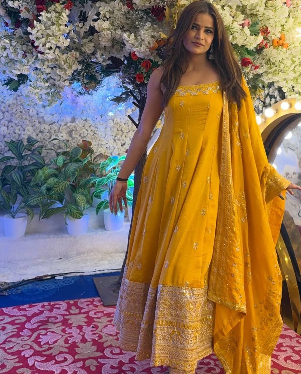 Yellow Designer Vichitra Silk Gown Set with Zari-Coding, Sequin Embroidery & Dori Latkan – Premium 3-Piece Stitched Ensemble
