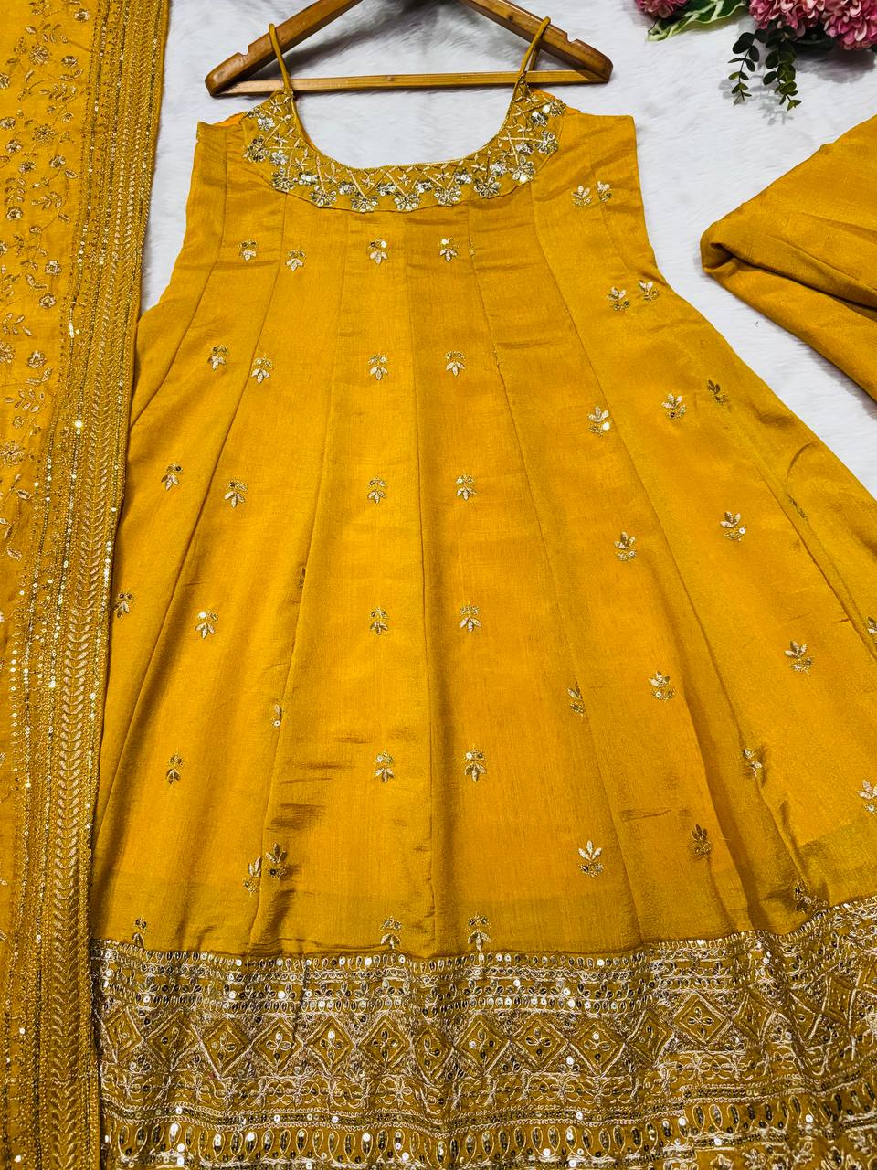 Yellow Designer Vichitra Silk Gown Set with Zari-Coding, Sequin Embroidery & Dori Latkan – Premium 3-Piece Stitched Ensemble