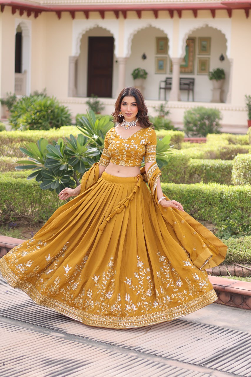 Yellow Designer Vichitra Silk Sequins & Zari Embroidered Lehenga Choli Set with Matching Dupatta – Fully Stitched Festive & Wedding Wear Ensemble