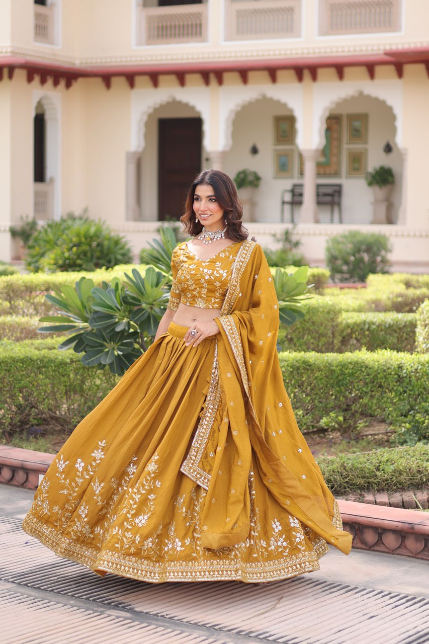 Yellow Designer Vichitra Silk Sequins & Zari Embroidered Lehenga Choli Set with Matching Dupatta – Fully Stitched Festive & Wedding Wear Ensemble