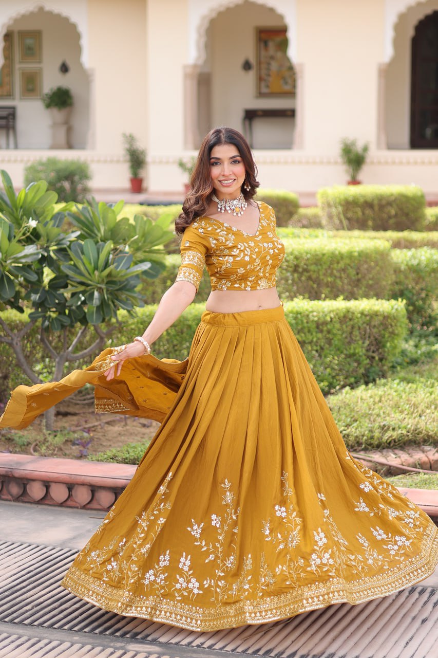 Yellow Designer Vichitra Silk Sequins & Zari Embroidered Lehenga Choli Set with Matching Dupatta – Fully Stitched Festive & Wedding Wear Ensemble