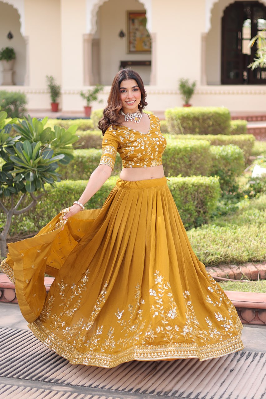Yellow Designer Vichitra Silk Sequins & Zari Embroidered Lehenga Choli Set with Matching Dupatta – Fully Stitched Festive & Wedding Wear Ensemble