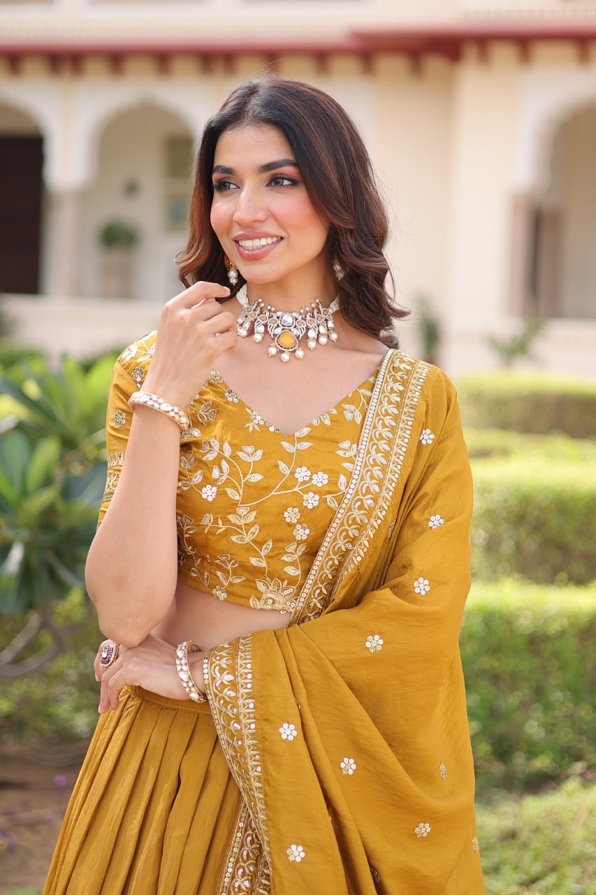 Yellow Designer Vichitra Silk Sequins & Zari Embroidered Lehenga Choli Set with Matching Dupatta – Fully Stitched Festive & Wedding Wear Ensemble