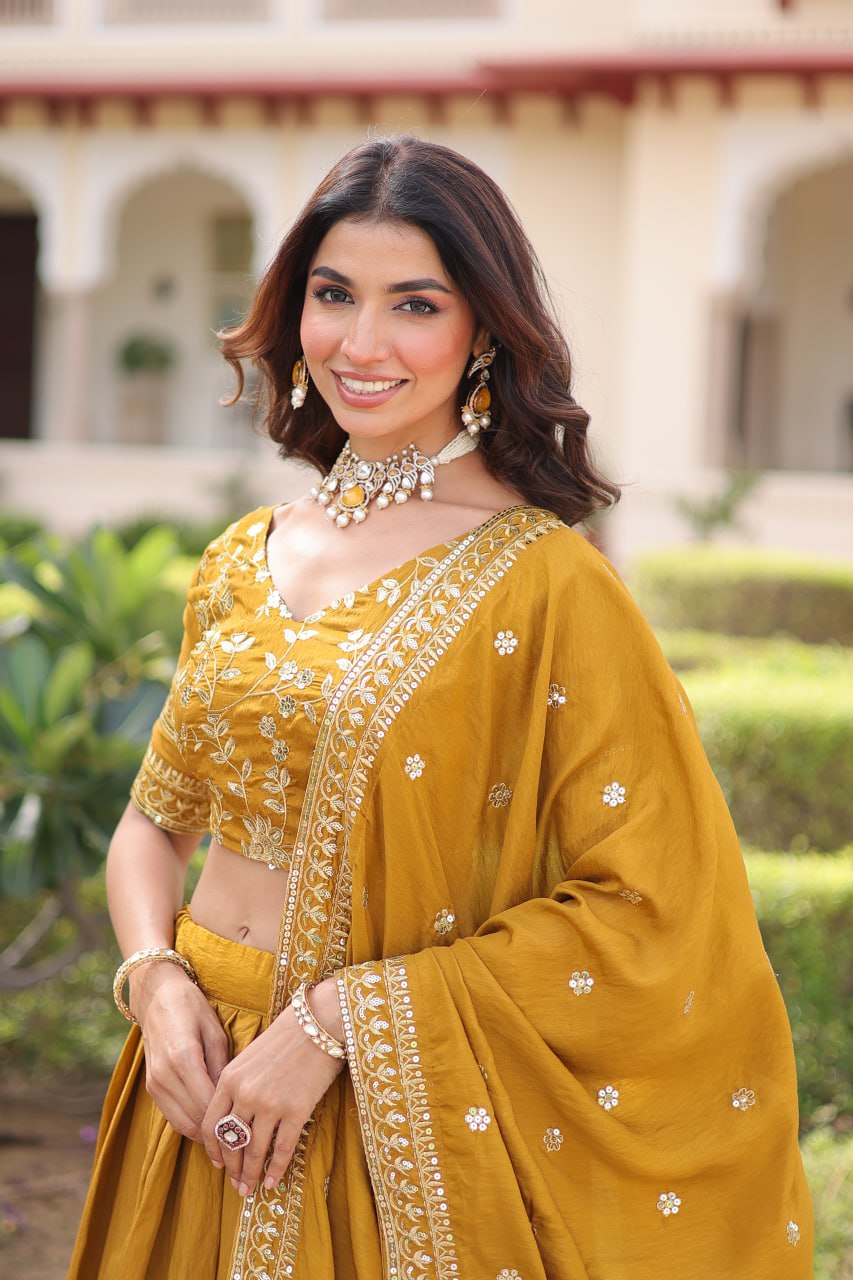 Yellow Designer Vichitra Silk Sequins & Zari Embroidered Lehenga Choli Set with Matching Dupatta – Fully Stitched Festive & Wedding Wear Ensemble