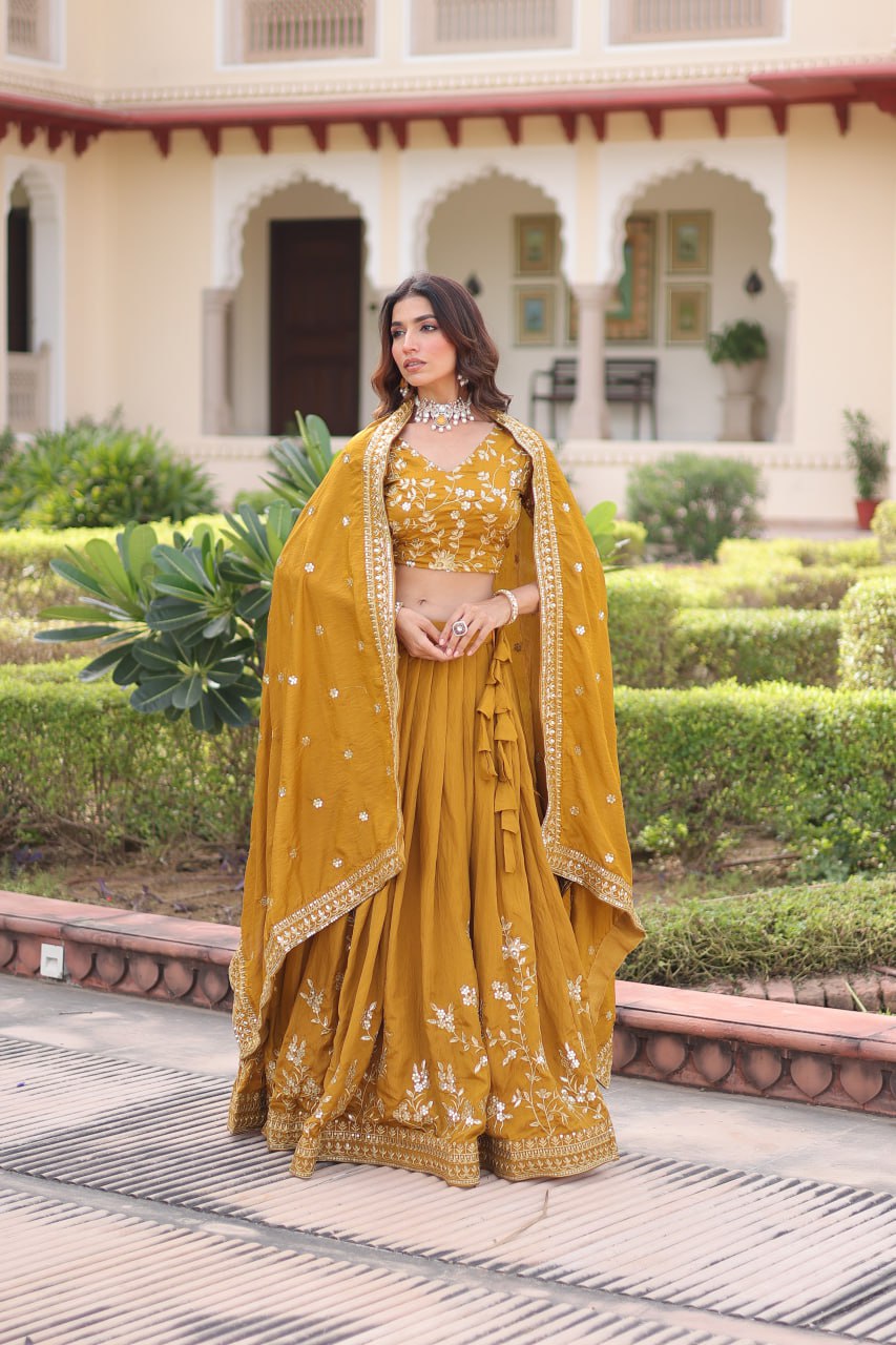 Yellow Designer Vichitra Silk Sequins & Zari Embroidered Lehenga Choli Set with Matching Dupatta – Fully Stitched Festive & Wedding Wear Ensemble