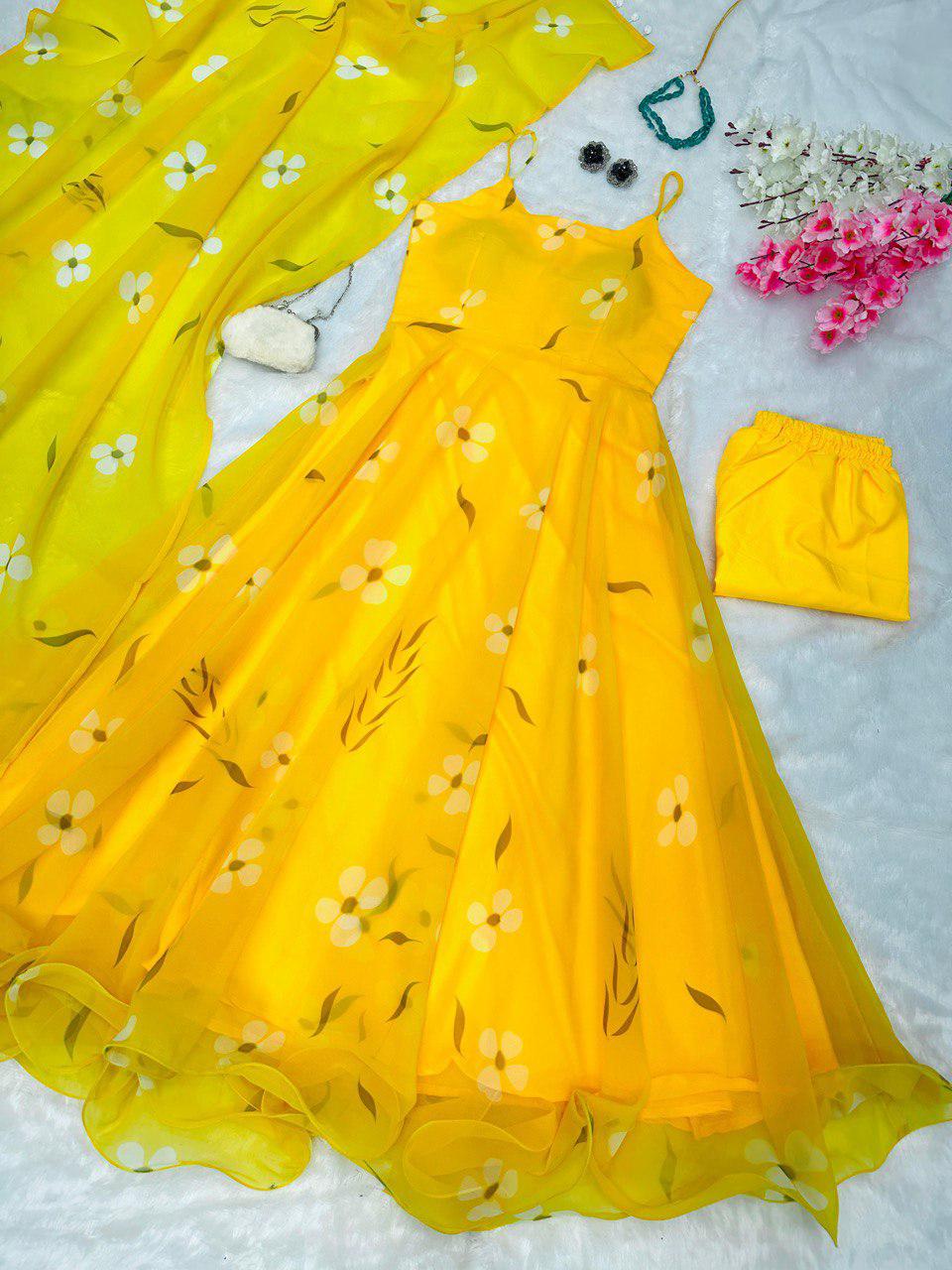 Yellow Digital Printed Georgette Silk Anarkali Suit Set with Butter Silk Pant & Kodi Lace Dupatta