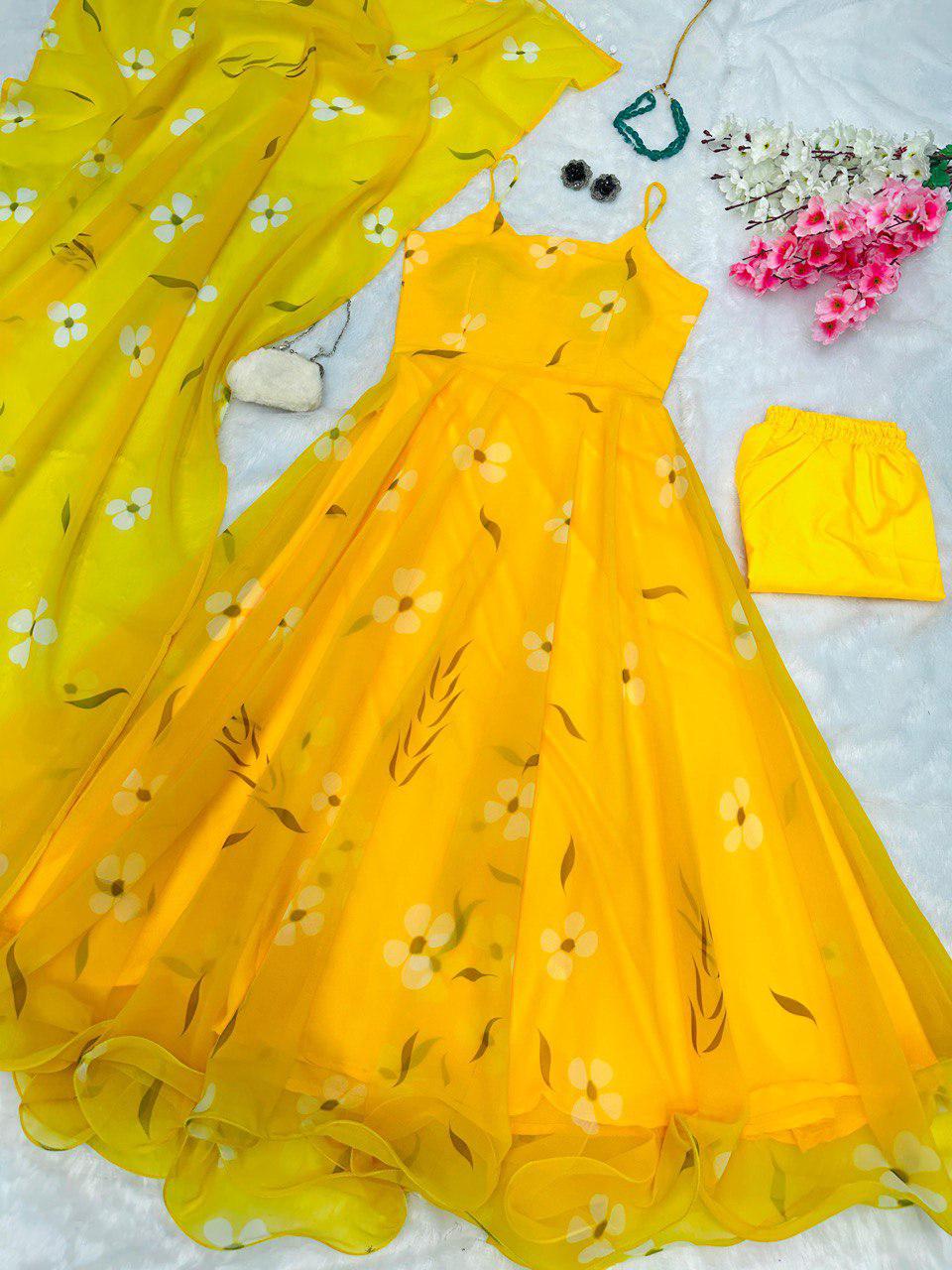 Yellow Digital Printed Georgette Silk Anarkali Suit Set with Butter Silk Pant & Kodi Lace Dupatta